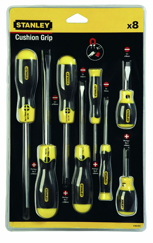 0-65-011 STANLEY НАБОР ИЗ 8-МИ ОТВЕРТОК "CUSHIONGRIP" (3Х75, 5Х100, 6,5Х45, 6,5Х150; PH0X60, PH1X7