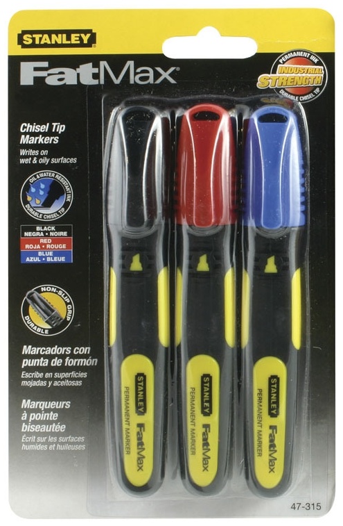 0-47-315 STANLEY, НАБОР ИЗ 3-Х РАЗНОЦВЕТНЫХ МАРКЕРОВ "FATMAX" С ПЛОСКИМИ НАКОНЕЧНИКАМИ (ЧЕРНЫЙ-КРАС