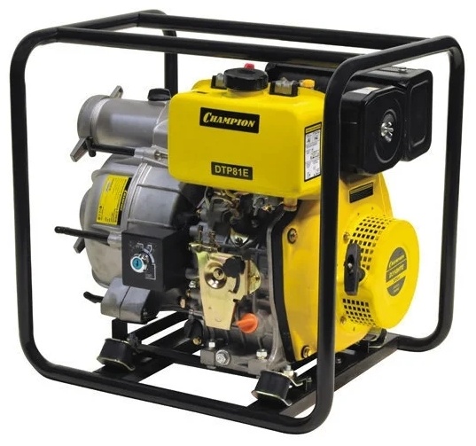 Мотопомпа CHAMPION DTP81E (3" грязная вода 1000л/мин 8/26м 6.7лс 3.3л,65кг эл.стартер,колеса)