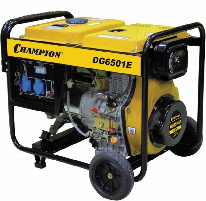 Генератор диз. CHAMPION  DG6501E (5/5,5кВт 8,9лс 12,5л 12V 99кг эл.стартер, колеса, счетчик), CHAMPION,